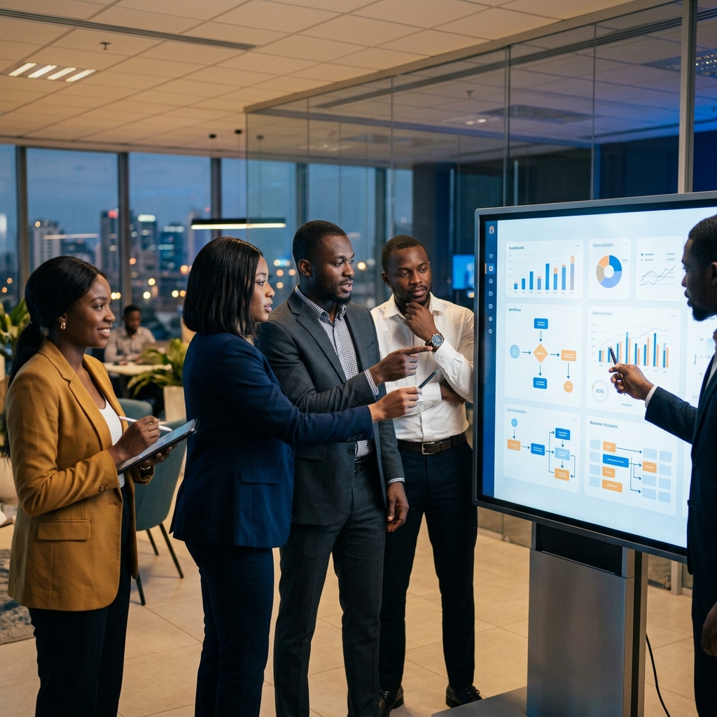 Professionals collaborating on technology solutions — conceptual illustration