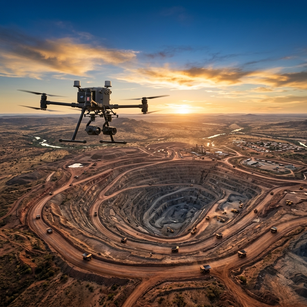Professional drone flying over industrial site — conceptual illustration